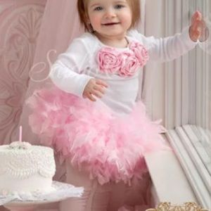 Hand made 1st birthday rosette romper and feathered bloomer.